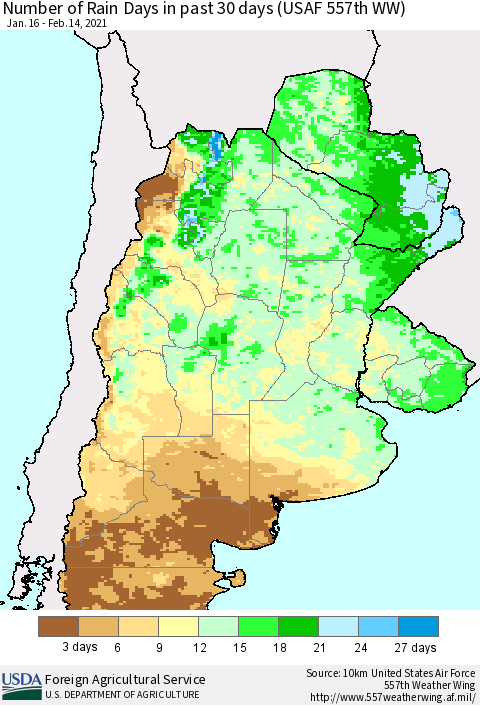 Southern South America Number of Rain Days in past 30 days (USAF 557th WW) 02/14/2021 Thematic Map For 2/8/2021 - 2/14/2021