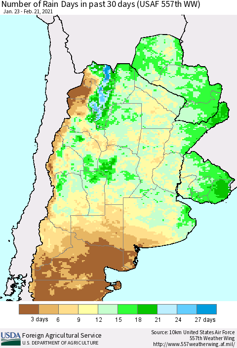 Southern South America Number of Rain Days in past 30 days (USAF 557th WW) 02/21/2021 Thematic Map For 2/15/2021 - 2/21/2021
