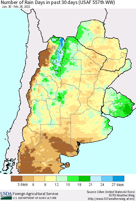 Southern South America Number of Rain Days in past 30 days (USAF 557th WW) 02/28/2021 Thematic Map For 2/22/2021 - 2/28/2021