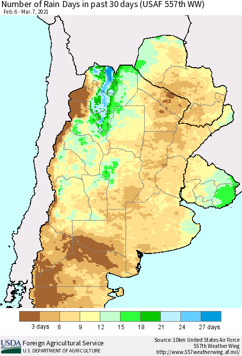 Southern South America Number of Rain Days in past 30 days (USAF 557th WW) 03/07/2021 Thematic Map For 3/1/2021 - 3/7/2021