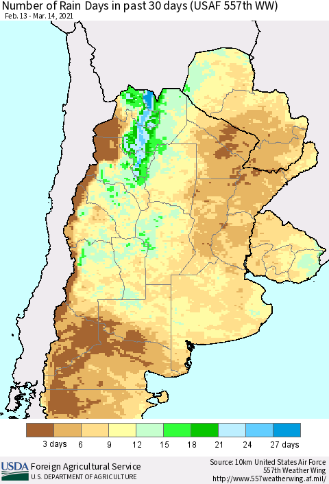 Southern South America Number of Rain Days in past 30 days (USAF 557th WW) 03/14/2021 Thematic Map For 3/8/2021 - 3/14/2021