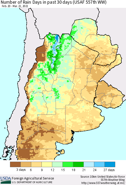 Southern South America Number of Rain Days in past 30 days (USAF 557th WW) 03/21/2021 Thematic Map For 3/15/2021 - 3/21/2021