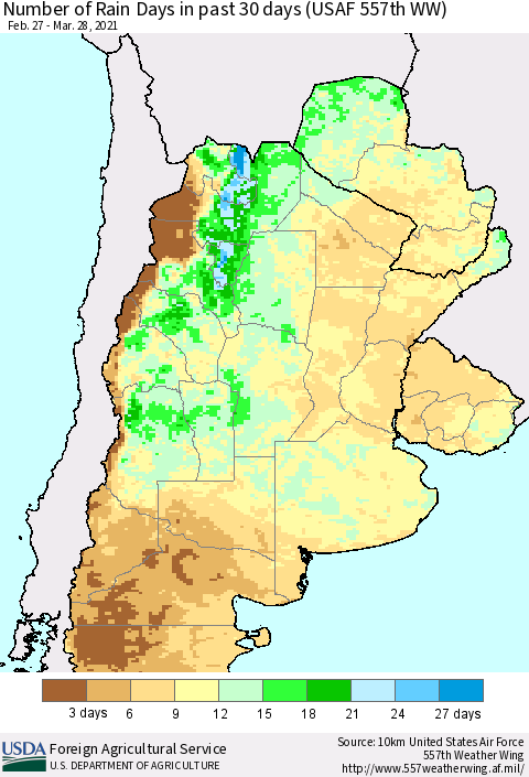 Southern South America Number of Rain Days in past 30 days (USAF 557th WW) 03/28/2021 Thematic Map For 3/22/2021 - 3/28/2021
