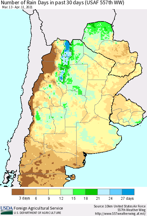 Southern South America Number of Rain Days in past 30 days (USAF 557th WW) 04/11/2021 Thematic Map For 4/5/2021 - 4/11/2021