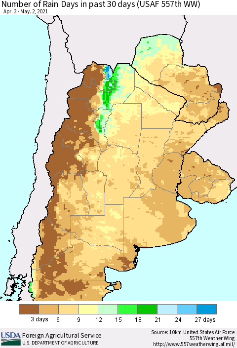 Southern South America Number of Rain Days in past 30 days (USAF 557th WW) 05/02/2021 Thematic Map For 4/26/2021 - 5/2/2021