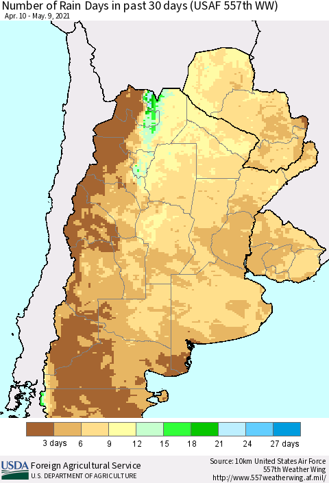 Southern South America Number of Rain Days in past 30 days (USAF 557th WW) 05/09/2021 Thematic Map For 5/3/2021 - 5/9/2021