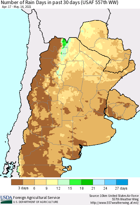 Southern South America Number of Rain Days in past 30 days (USAF 557th WW) 05/16/2021 Thematic Map For 5/10/2021 - 5/16/2021