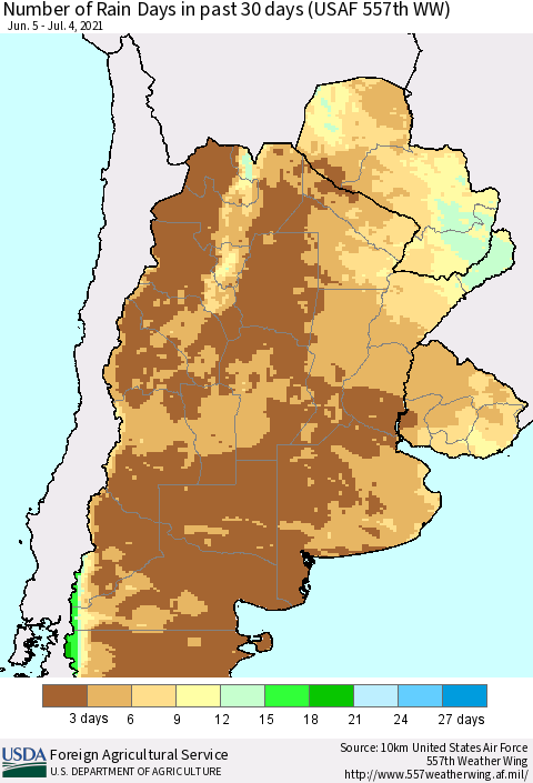 Southern South America Number of Rain Days in past 30 days (USAF 557th WW) 07/04/2021 Thematic Map For 6/28/2021 - 7/4/2021