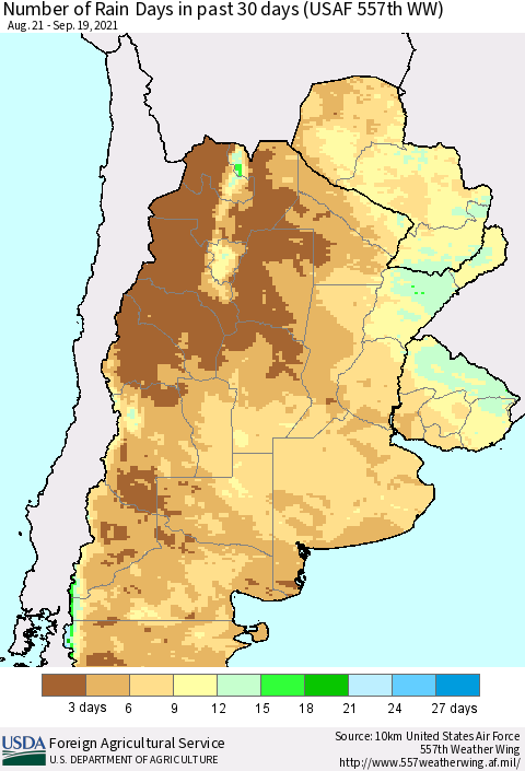 Southern South America Number of Rain Days in past 30 days (USAF 557th WW) 09/19/2021 Thematic Map For 9/13/2021 - 9/19/2021