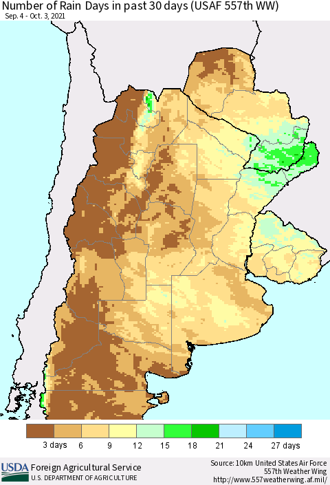 Southern South America Number of Rain Days in past 30 days (USAF 557th WW) 10/03/2021 Thematic Map For 9/27/2021 - 10/3/2021