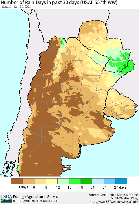 Southern South America Number of Rain Days in past 30 days (USAF 557th WW) 10/10/2021 Thematic Map For 10/4/2021 - 10/10/2021
