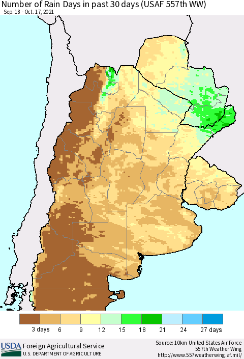 Southern South America Number of Rain Days in past 30 days (USAF 557th WW) 10/17/2021 Thematic Map For 10/11/2021 - 10/17/2021