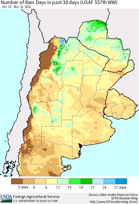 Southern South America Number of Rain Days in past 30 days (USAF 557th WW) 11/21/2021 Thematic Map For 11/15/2021 - 11/21/2021