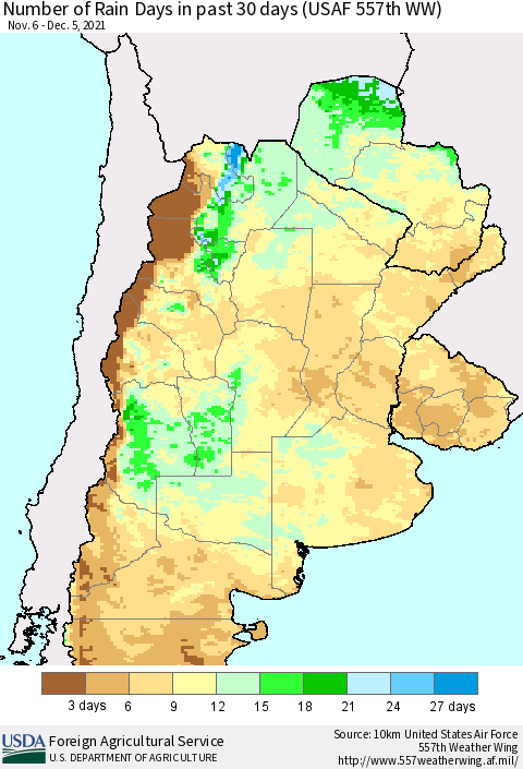Southern South America Number of Rain Days in past 30 days (USAF 557th WW) 12/05/2021 Thematic Map For 11/29/2021 - 12/5/2021