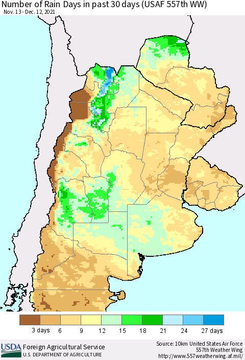 Southern South America Number of Rain Days in past 30 days (USAF 557th WW) 12/12/2021 Thematic Map For 12/6/2021 - 12/12/2021