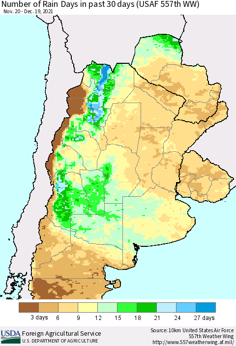 Southern South America Number of Rain Days in past 30 days (USAF 557th WW) 12/19/2021 Thematic Map For 12/13/2021 - 12/19/2021