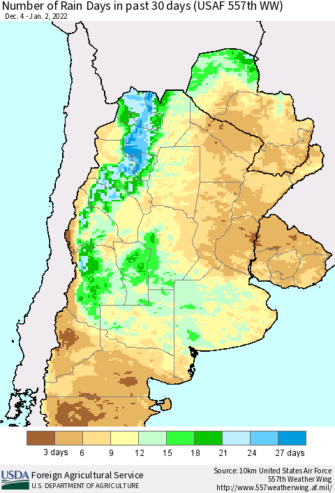 Southern South America Number of Rain Days in past 30 days (USAF 557th WW) 01/02/2022 Thematic Map For 12/27/2021 - 1/2/2022