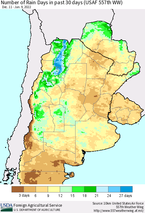 Southern South America Number of Rain Days in past 30 days (USAF 557th WW) 01/09/2022 Thematic Map For 1/3/2022 - 1/9/2022