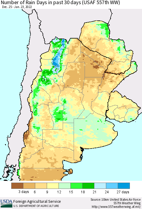 Southern South America Number of Rain Days in past 30 days (USAF 557th WW) 01/23/2022 Thematic Map For 1/17/2022 - 1/23/2022