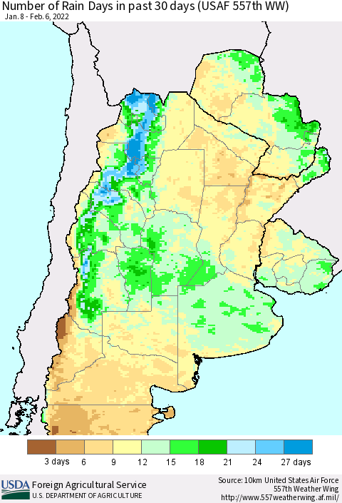 Southern South America Number of Rain Days in past 30 days (USAF 557th WW) 02/06/2022 Thematic Map For 1/31/2022 - 2/6/2022