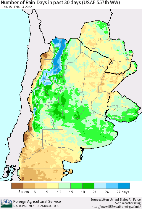 Southern South America Number of Rain Days in past 30 days (USAF 557th WW) 02/13/2022 Thematic Map For 2/7/2022 - 2/13/2022