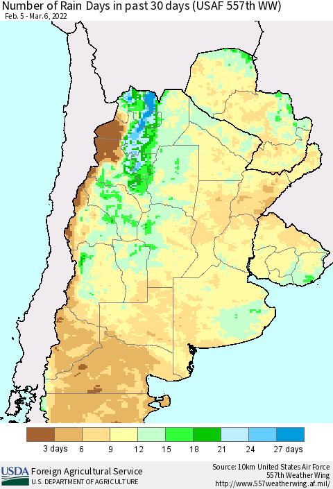 Southern South America Number of Rain Days in past 30 days (USAF 557th WW) 03/06/2022 Thematic Map For 2/28/2022 - 3/6/2022