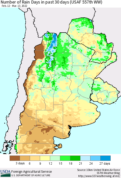 Southern South America Number of Rain Days in past 30 days (USAF 557th WW) 03/13/2022 Thematic Map For 3/7/2022 - 3/13/2022