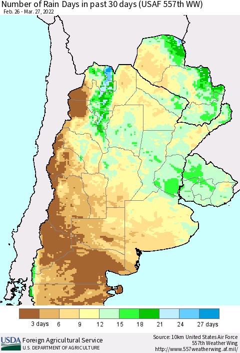 Southern South America Number of Rain Days in past 30 days (USAF 557th WW) 03/27/2022 Thematic Map For 3/21/2022 - 3/27/2022