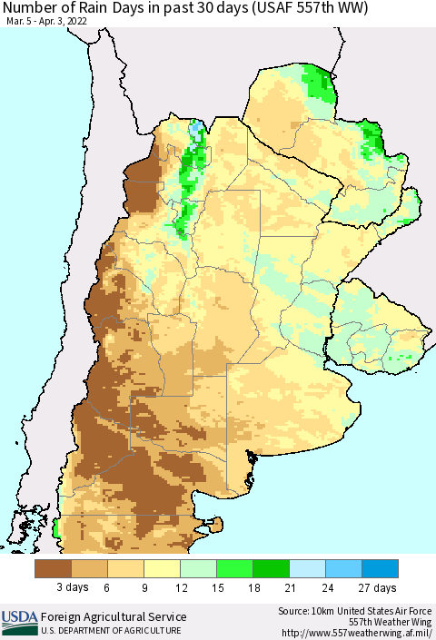 Southern South America Number of Rain Days in past 30 days (USAF 557th WW) 04/03/2022 Thematic Map For 3/28/2022 - 4/3/2022
