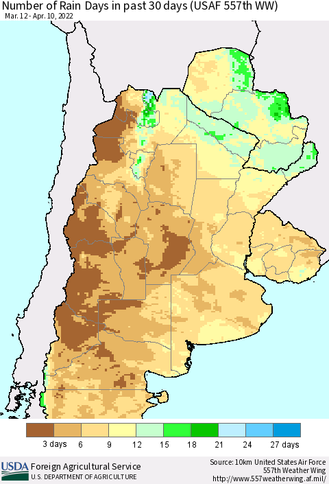 Southern South America Number of Rain Days in past 30 days (USAF 557th WW) 04/10/2022 Thematic Map For 4/4/2022 - 4/10/2022