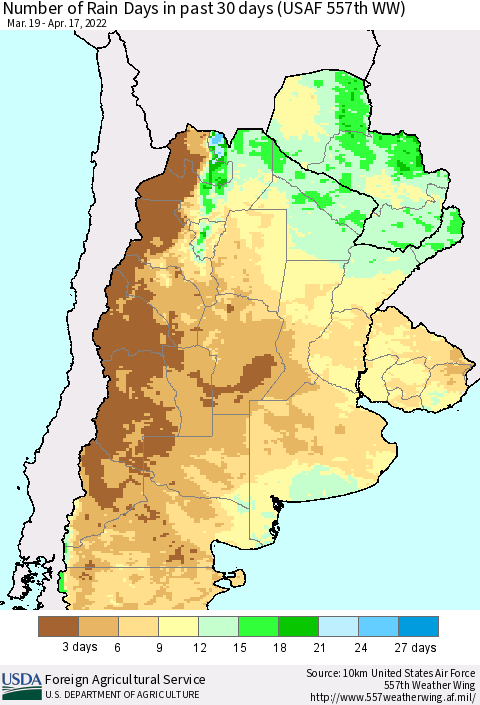 Southern South America Number of Rain Days in past 30 days (USAF 557th WW) 04/17/2022 Thematic Map For 4/11/2022 - 4/17/2022