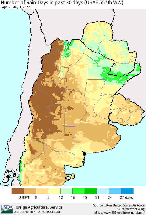 Southern South America Number of Rain Days in past 30 days (USAF 557th WW) 05/01/2022 Thematic Map For 4/25/2022 - 5/1/2022