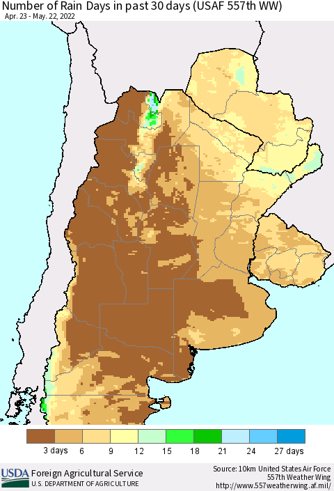 Southern South America Number of Rain Days in past 30 days (USAF 557th WW) 05/22/2022 Thematic Map For 5/16/2022 - 5/22/2022
