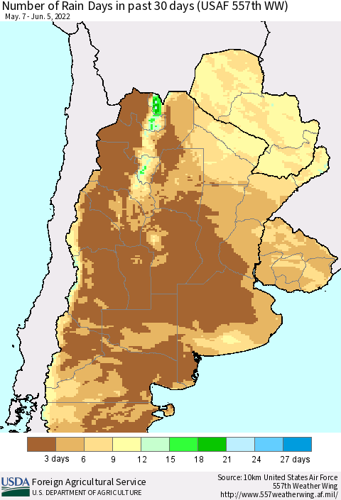 Southern South America Number of Rain Days in past 30 days (USAF 557th WW) 06/05/2022 Thematic Map For 5/30/2022 - 6/5/2022