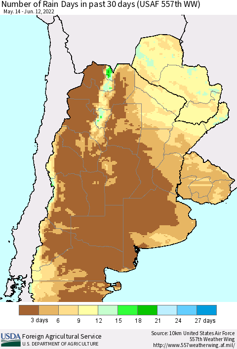 Southern South America Number of Rain Days in past 30 days (USAF 557th WW) 06/12/2022 Thematic Map For 6/6/2022 - 6/12/2022
