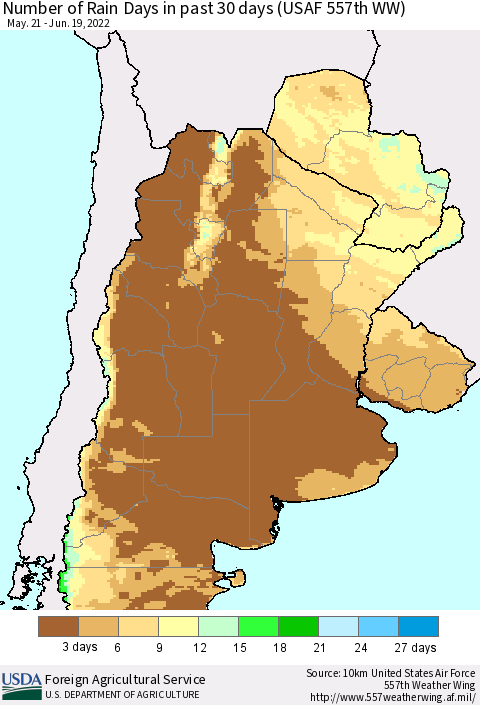 Southern South America Number of Rain Days in past 30 days (USAF 557th WW) 06/19/2022 Thematic Map For 6/13/2022 - 6/19/2022