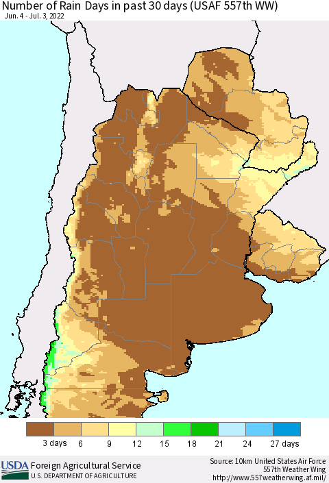 Southern South America Number of Rain Days in past 30 days (USAF 557th WW) 07/03/2022 Thematic Map For 6/27/2022 - 7/3/2022