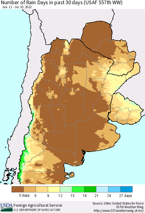 Southern South America Number of Rain Days in past 30 days (USAF 557th WW) 07/10/2022 Thematic Map For 7/4/2022 - 7/10/2022