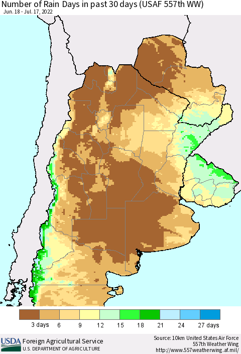 Southern South America Number of Rain Days in past 30 days (USAF 557th WW) 07/17/2022 Thematic Map For 7/11/2022 - 7/17/2022