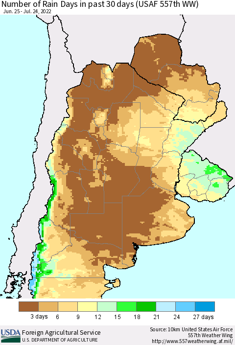 Southern South America Number of Rain Days in past 30 days (USAF 557th WW) 07/24/2022 Thematic Map For 7/18/2022 - 7/24/2022