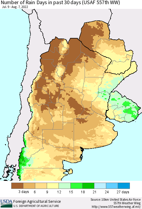 Southern South America Number of Rain Days in past 30 days (USAF 557th WW) 08/07/2022 Thematic Map For 8/1/2022 - 8/7/2022