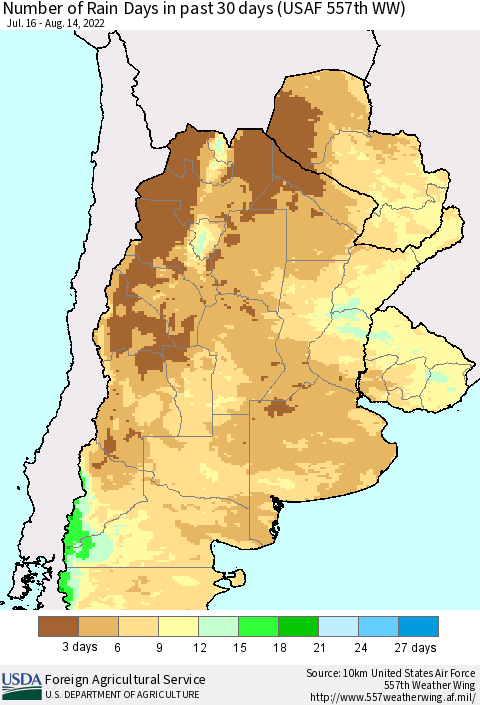 Southern South America Number of Rain Days in past 30 days (USAF 557th WW) 08/14/2022 Thematic Map For 8/8/2022 - 8/14/2022