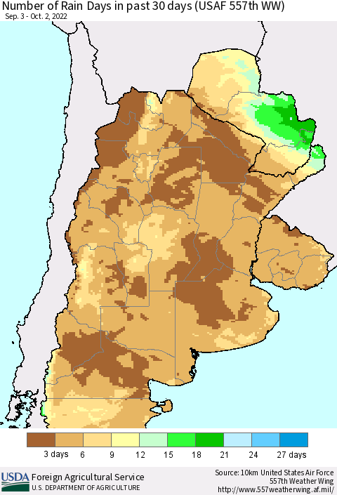 Southern South America Number of Rain Days in past 30 days (USAF 557th WW) 10/02/2022 Thematic Map For 9/26/2022 - 10/2/2022