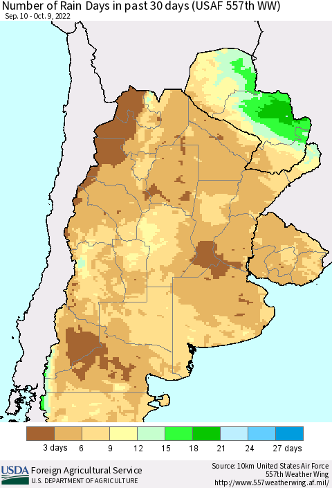 Southern South America Number of Rain Days in past 30 days (USAF 557th WW) 10/09/2022 Thematic Map For 10/3/2022 - 10/9/2022