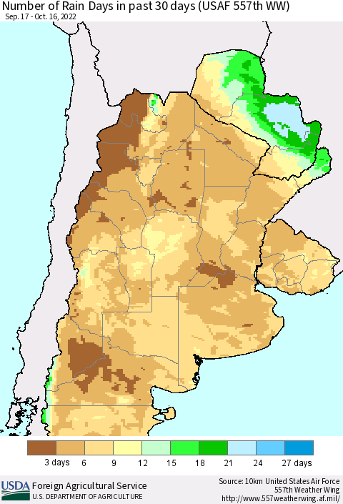 Southern South America Number of Rain Days in past 30 days (USAF 557th WW) 10/16/2022 Thematic Map For 10/10/2022 - 10/16/2022