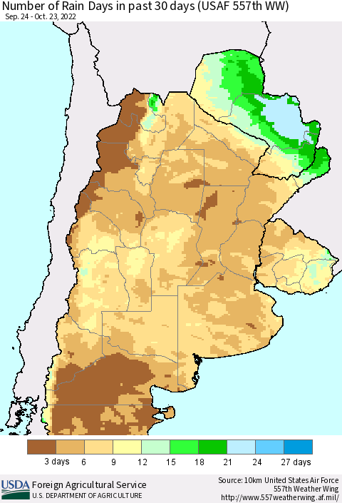 Southern South America Number of Rain Days in past 30 days (USAF 557th WW) 10/23/2022 Thematic Map For 10/17/2022 - 10/23/2022