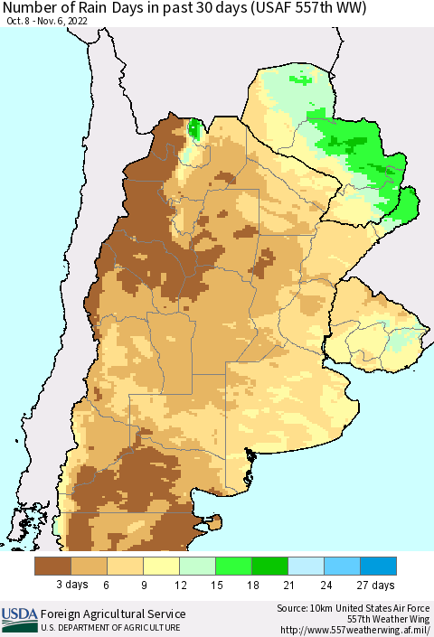 Southern South America Number of Rain Days in past 30 days (USAF 557th WW) 11/06/2022 Thematic Map For 10/31/2022 - 11/6/2022