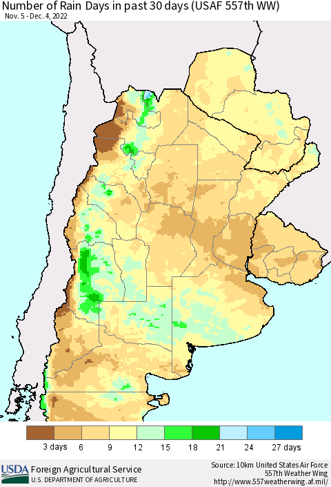 Southern South America Number of Rain Days in past 30 days (USAF 557th WW) 12/04/2022 Thematic Map For 11/28/2022 - 12/4/2022