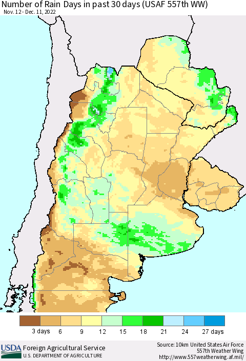 Southern South America Number of Rain Days in past 30 days (USAF 557th WW) 12/11/2022 Thematic Map For 12/5/2022 - 12/11/2022