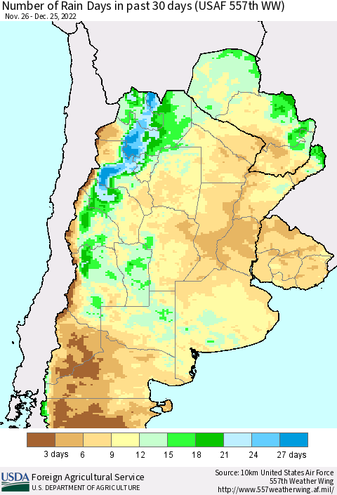 Southern South America Number of Rain Days in past 30 days (USAF 557th WW) 12/25/2022 Thematic Map For 12/19/2022 - 12/25/2022
